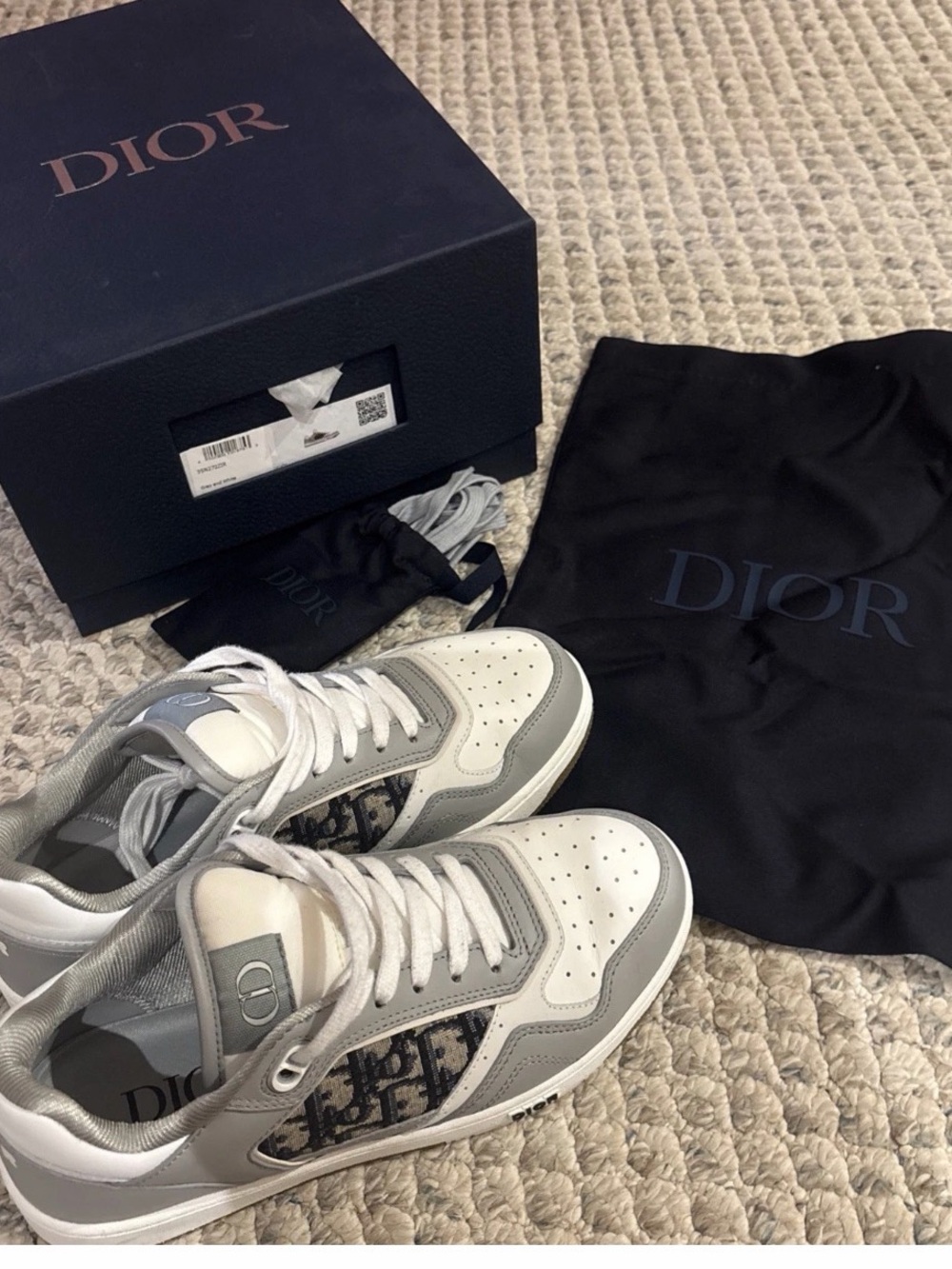 Dior White & Gray B23 Low-Top Sneakers with Oblique Canvas